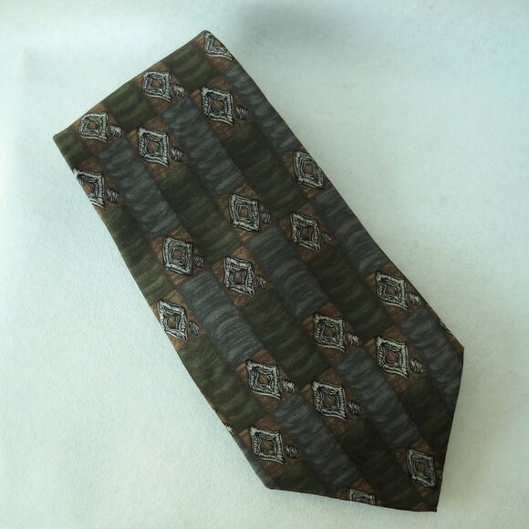 Henry Grethel Olive Green Neck Tie 100% Italian Silk Brown Grey Geometric Stripe - Picture 1 of 6